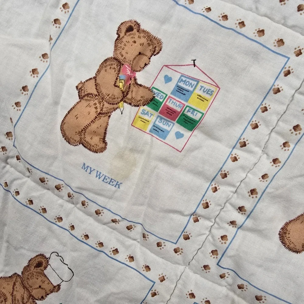 Vintage‎ Days of the Week Teddy Bear Quilted Baby Blanket Blue White 47x39